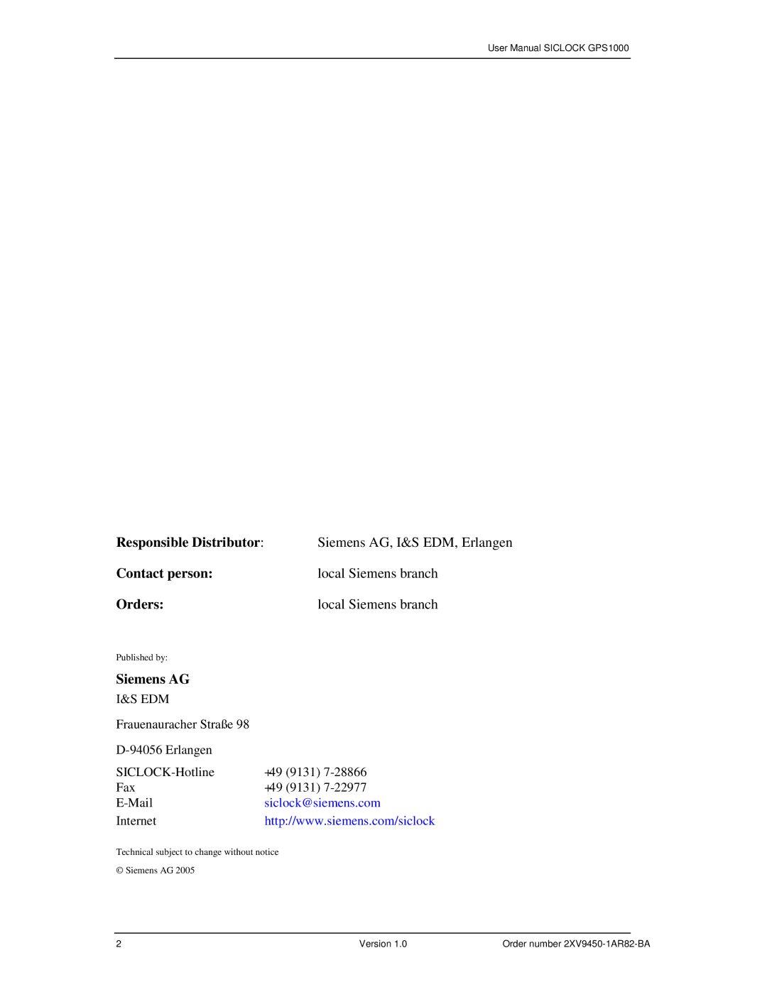 Siemens 2XV9450-1AR82 user manual Contact person, Orders 