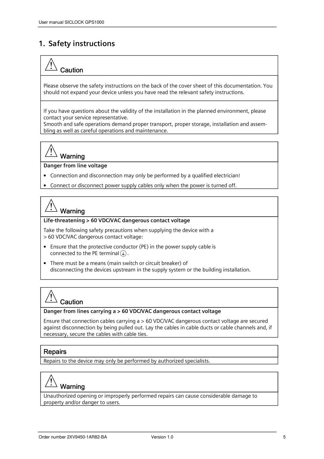 Siemens 2XV9450-1AR82 user manual Safety instructions, Life-threatening 60 VDC/VAC dangerous contact voltage 