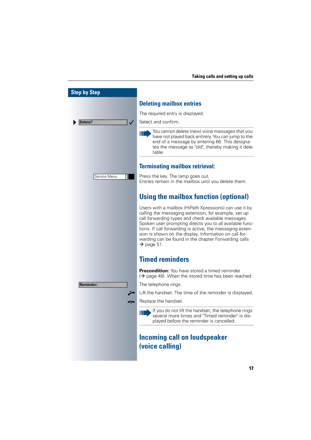 Siemens 300 H operating instructions Timed reminders, Incoming call on loudspeaker voice calling, Deleting mailbox entries 