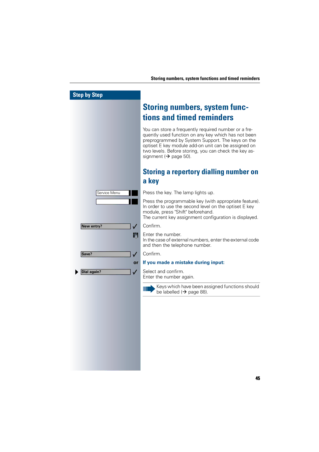 Siemens 300 H Storing a repertory dialling number on a key, Storing numbers, system func- tions and timed reminders 