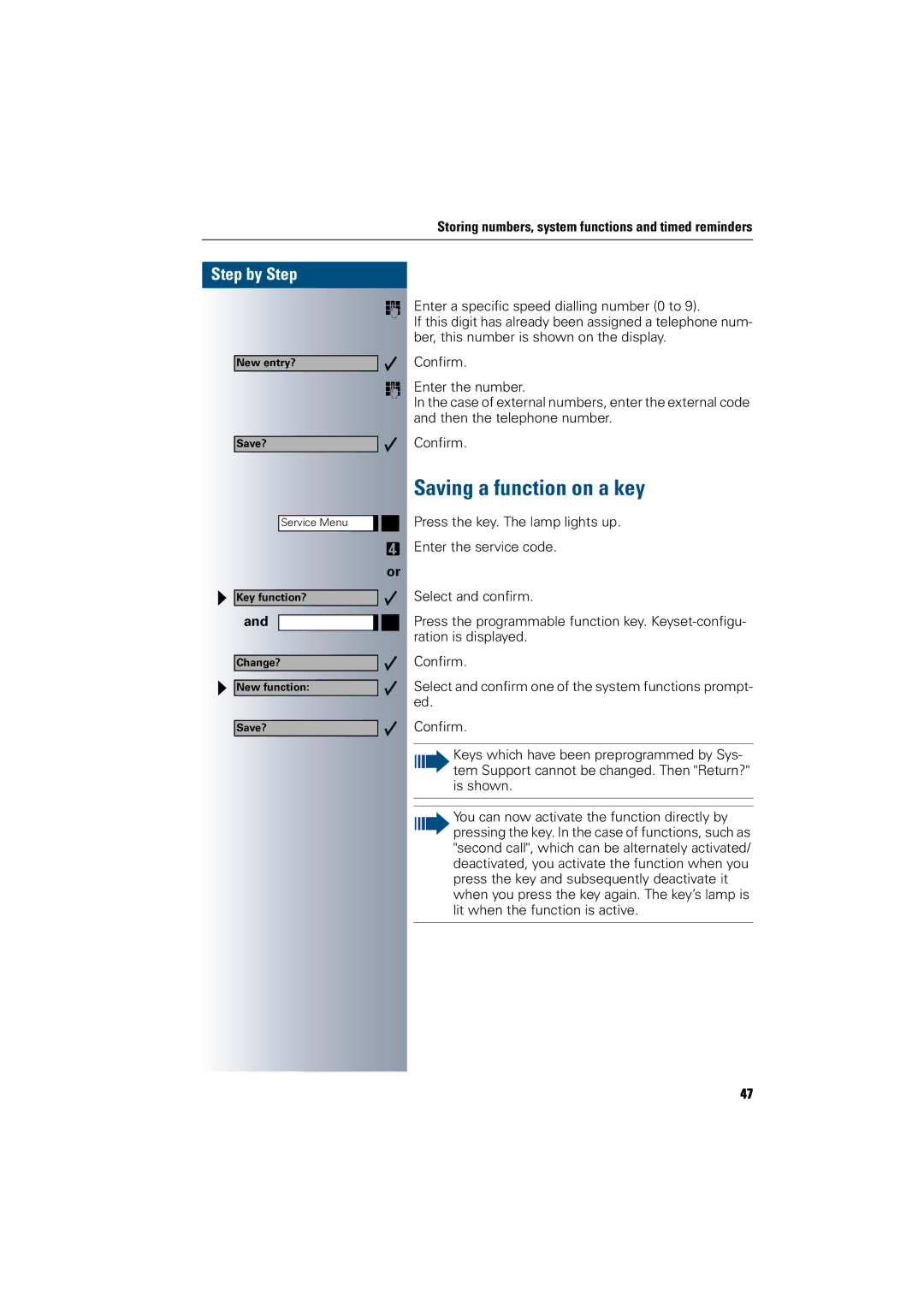 Siemens 300 H operating instructions Saving a function on a key 