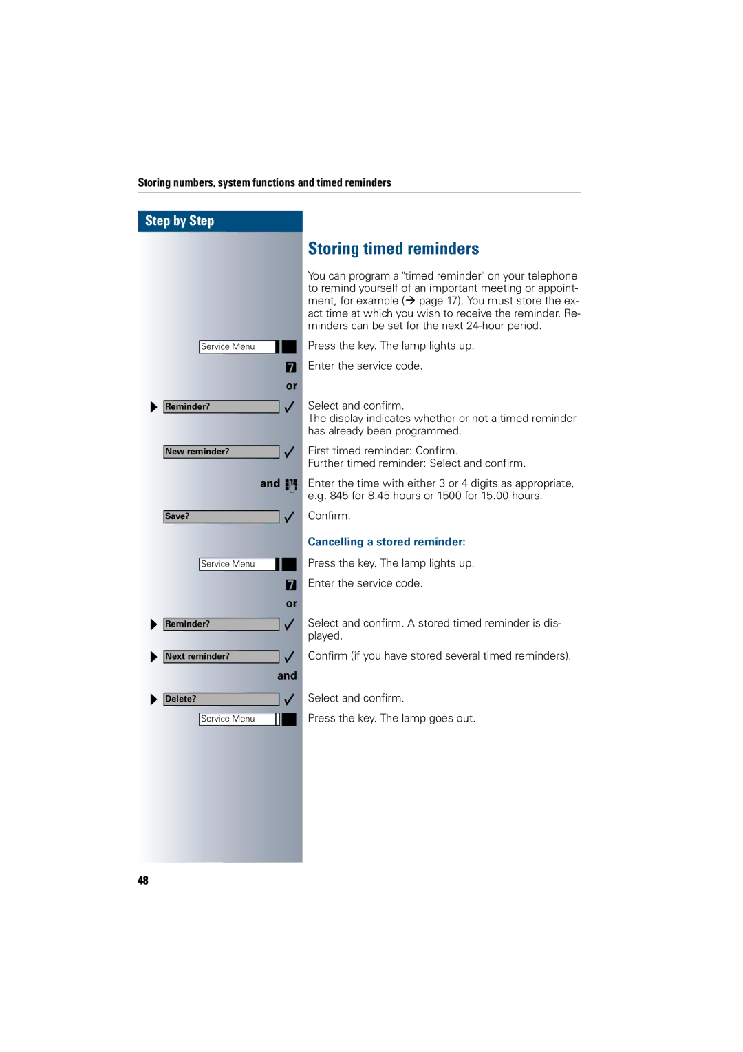 Siemens 300 H operating instructions Storing timed reminders, Cancelling a stored reminder 