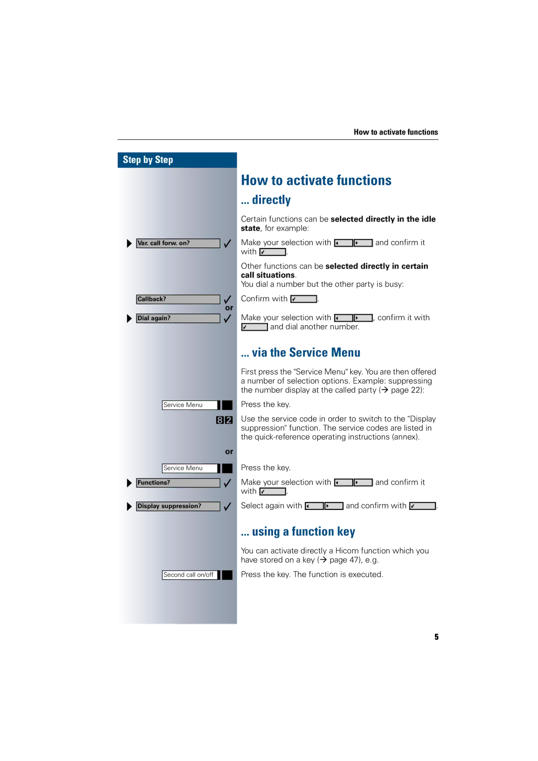 Siemens 300 H operating instructions How to activate functions, Directly, Via the Service Menu, Using a function key 