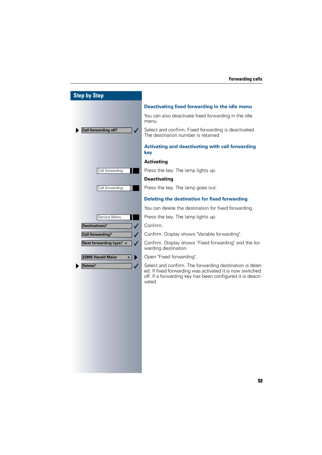 Siemens 300 H Deactivating fixed forwarding in the idle menu, Activating and deactivating with call forwarding key 