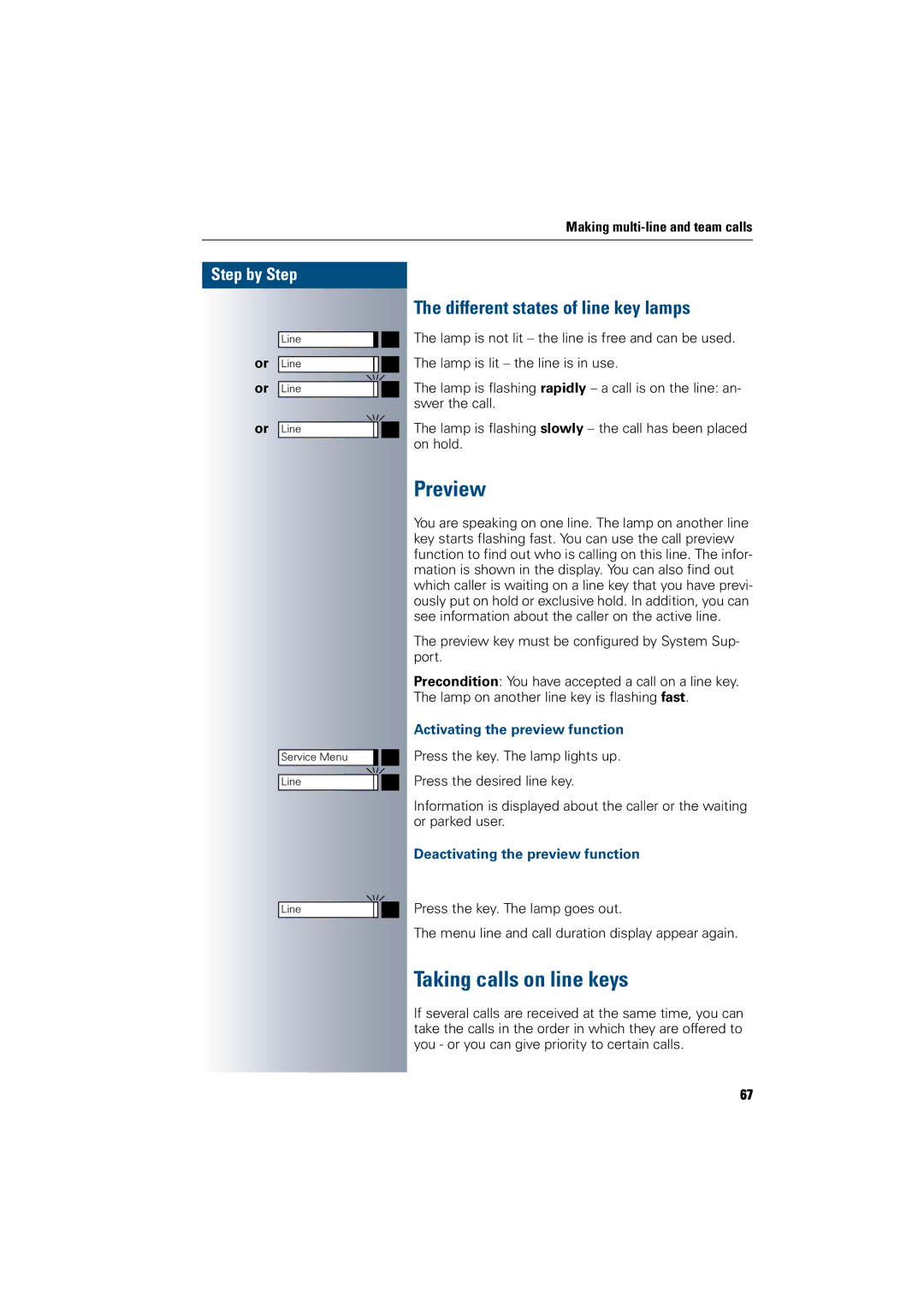 Siemens 300 H Preview, Taking calls on line keys, Different states of line key lamps, Activating the preview function 