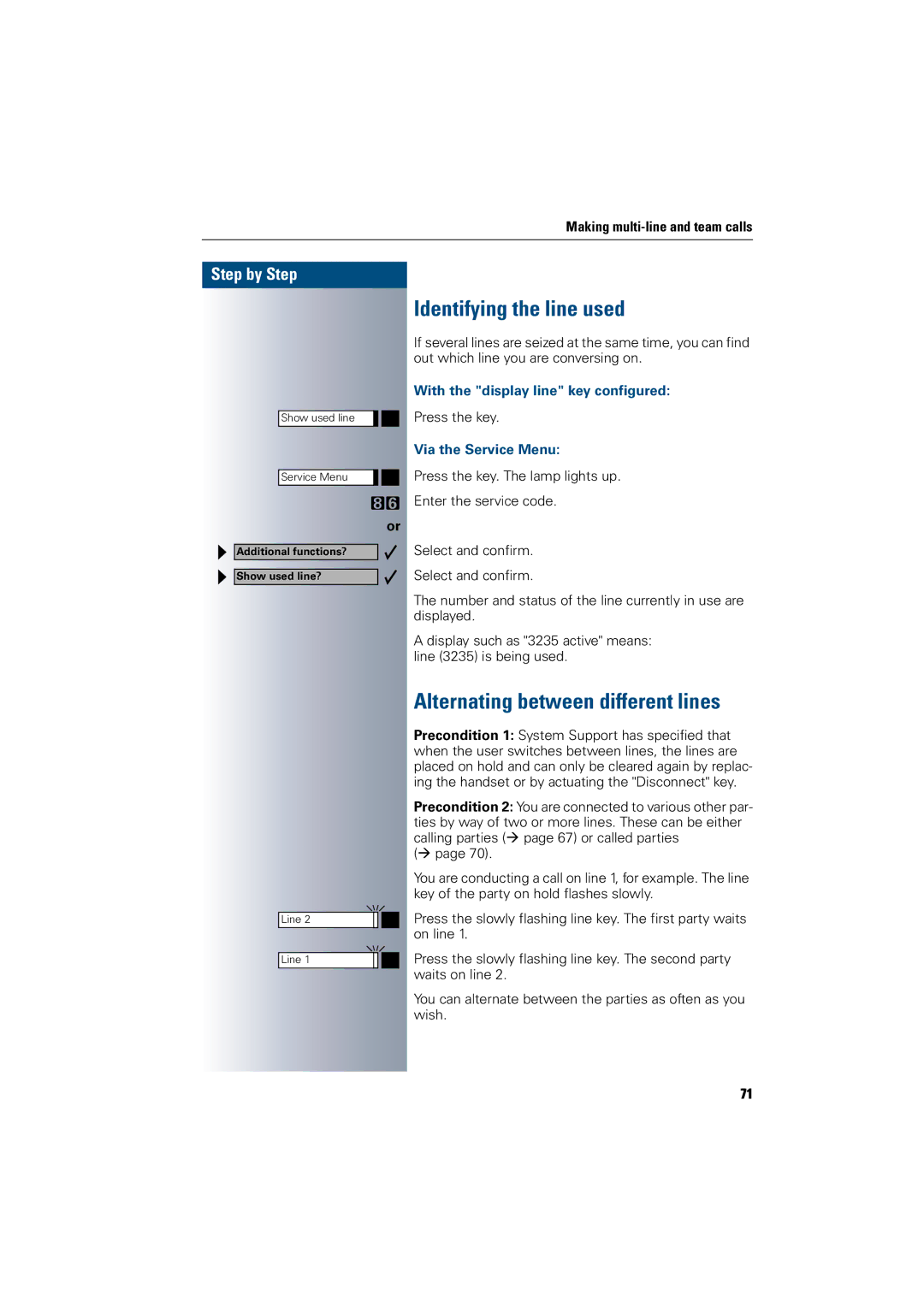 Siemens 300 H Identifying the line used, Alternating between different lines, With the display line key configured 