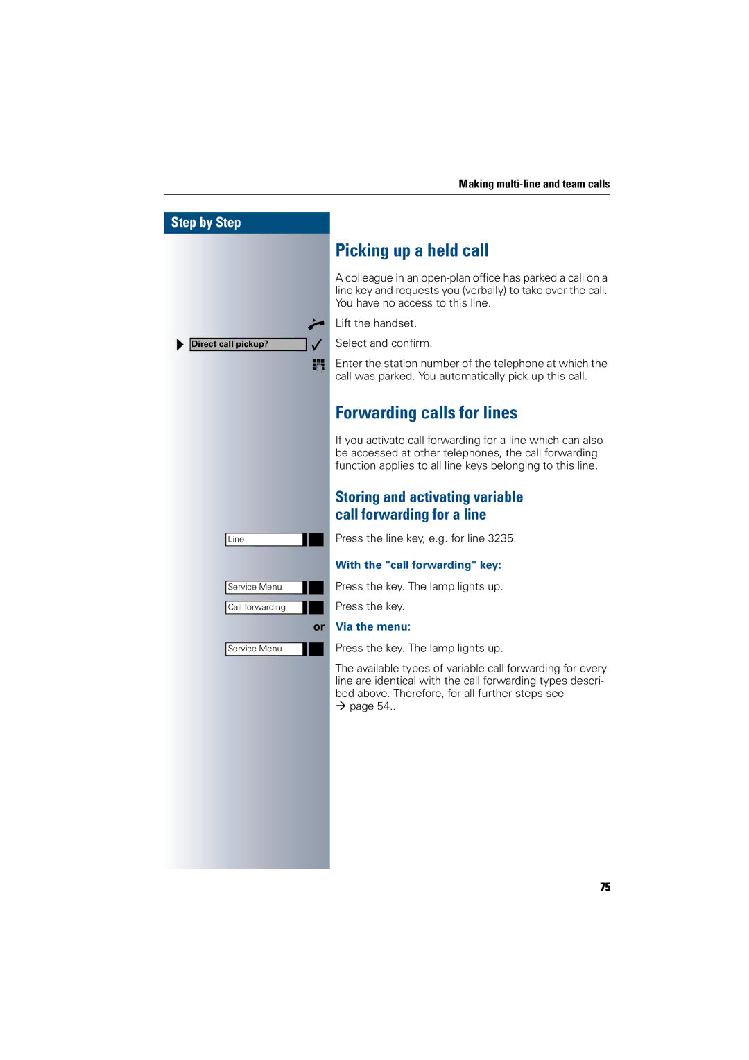 Siemens 300 H Picking up a held call, Forwarding calls for lines, With the call forwarding key, Or Via the menu 