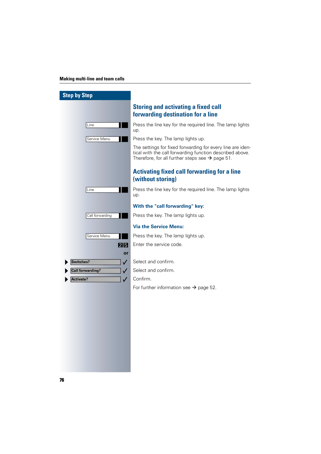 Siemens 300 H operating instructions Activating fixed call forwarding for a line without storing, Via the Service Menu 