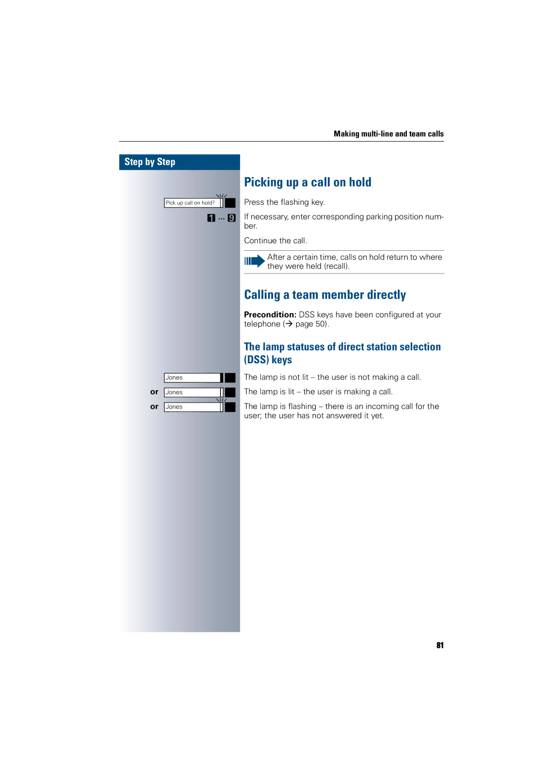 Siemens 300 H operating instructions Calling a team member directly, Picking up a call on hold 