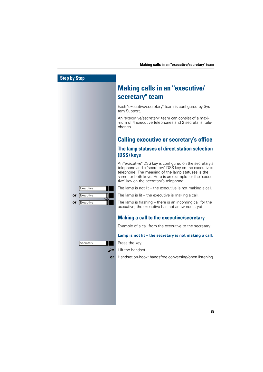 Siemens 300 H operating instructions Calling executive or secretary’s office, Making a call to the executive/secretary 