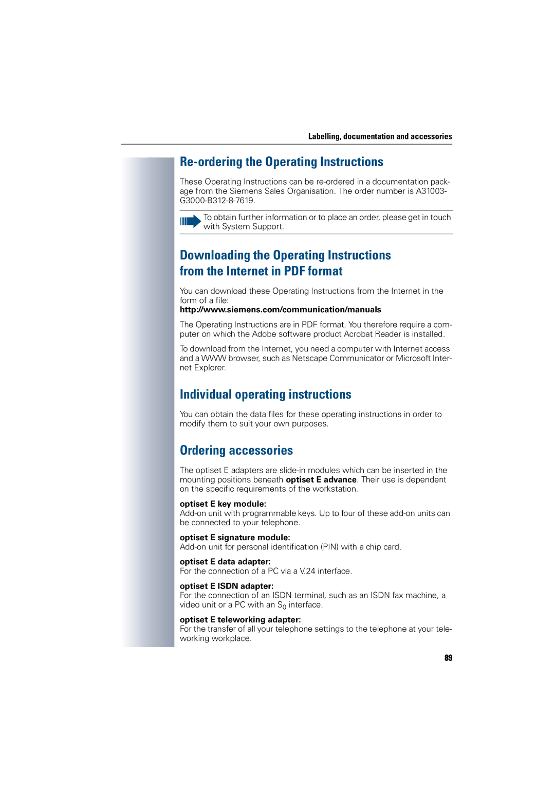 Siemens 300 H Re-ordering the Operating Instructions, Individual operating instructions, Ordering accessories 