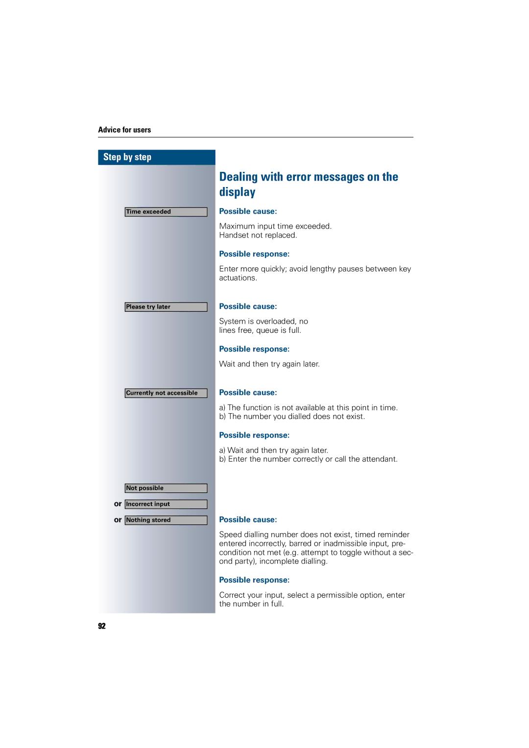 Siemens 300 H operating instructions Dealing with error messages on the display, Possible cause, Possible response 