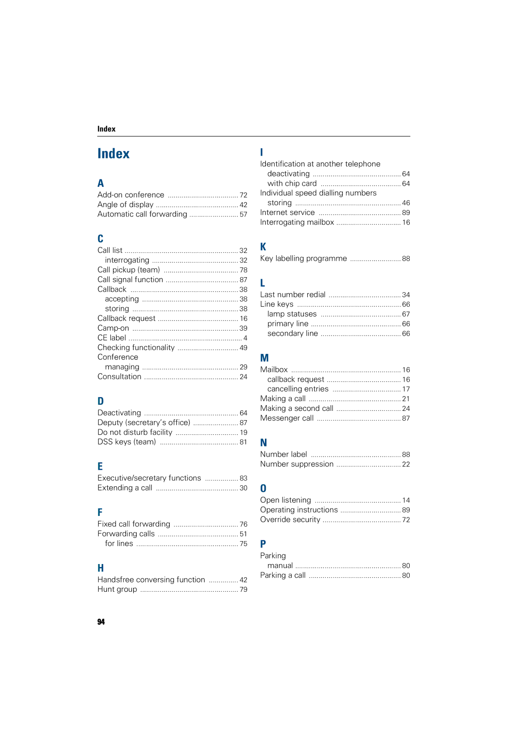 Siemens 300 H operating instructions Index, Individual speed dialling numbers 