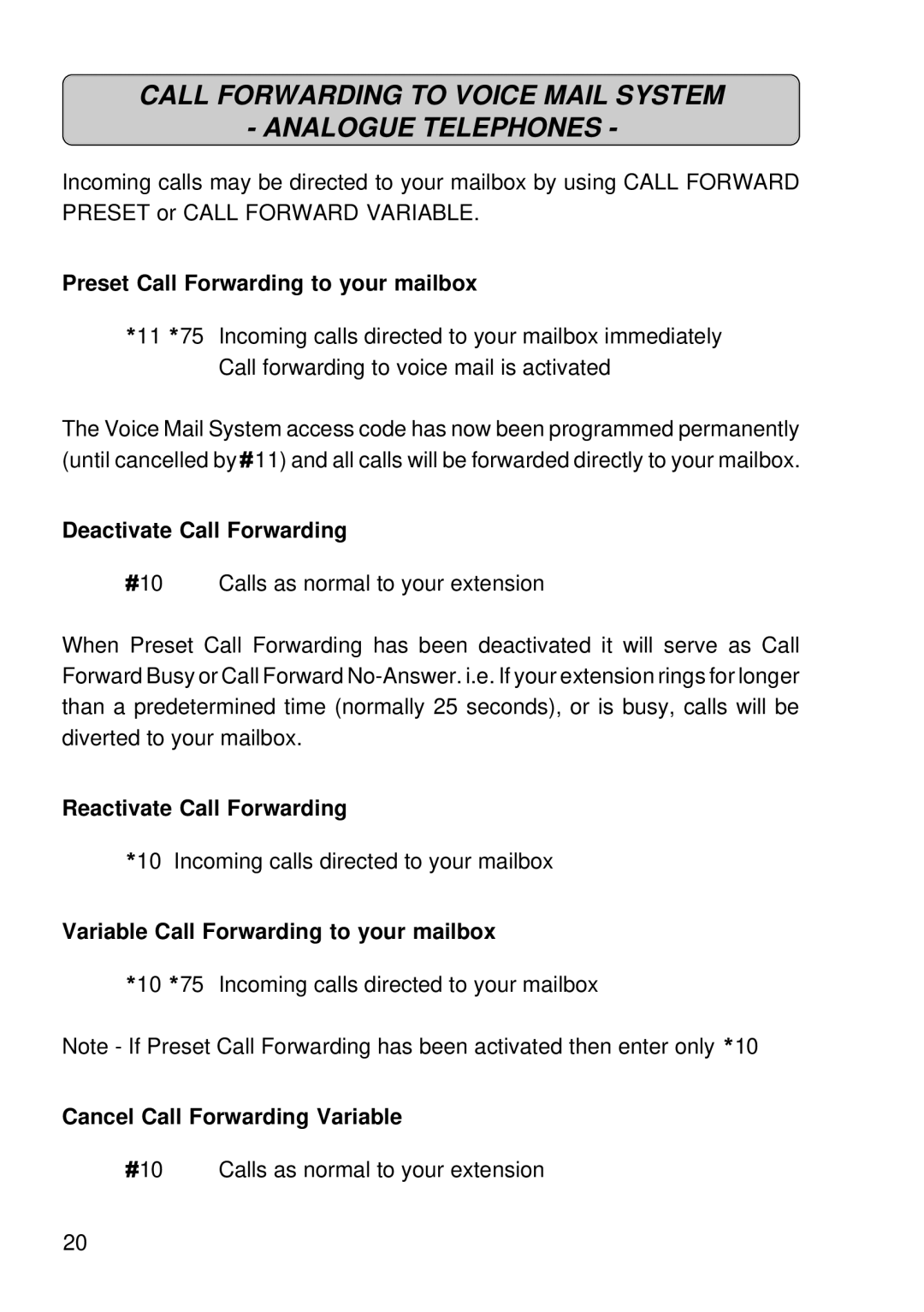 Siemens 300 operating instructions Call Forwarding to Voice Mail System Analogue Telephones 