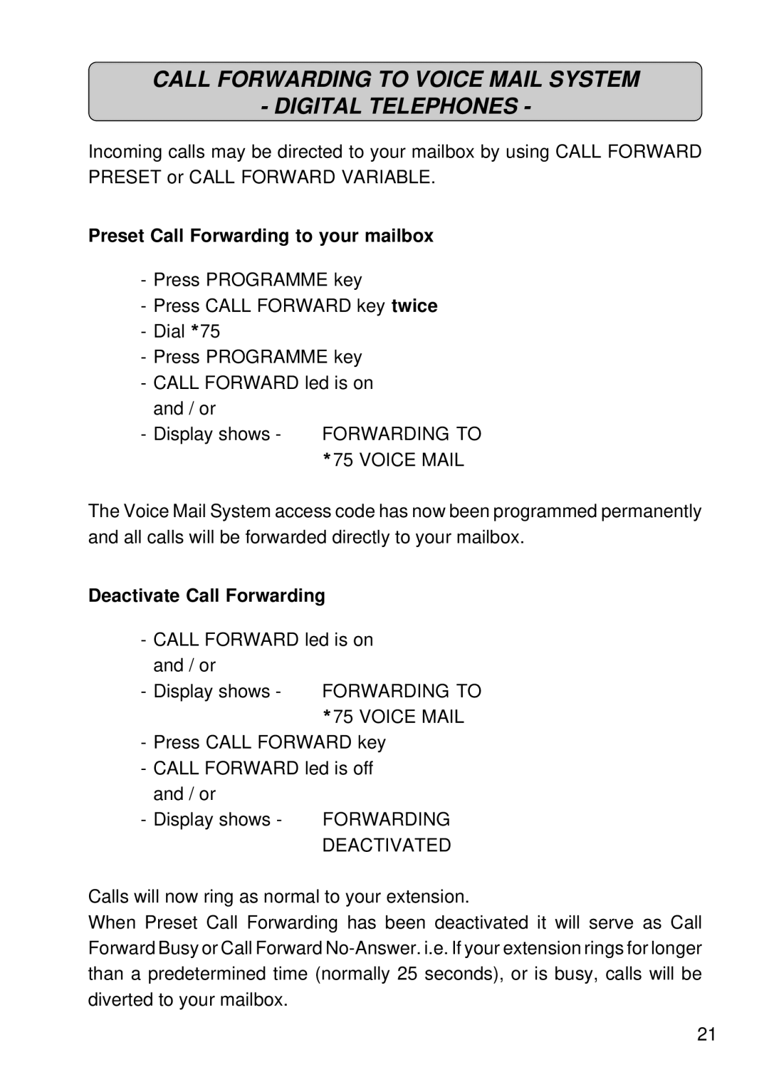 Siemens 300 operating instructions Call Forwarding to Voice Mail System Digital Telephones 