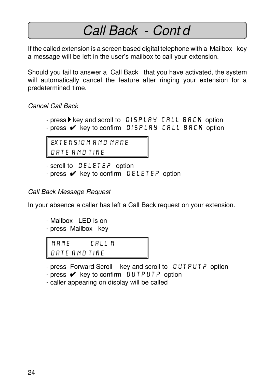 Siemens 300 manual Call Back Cont’d, Cancel Call Back, Extension and Name Date and Time, Call Back Message Request 