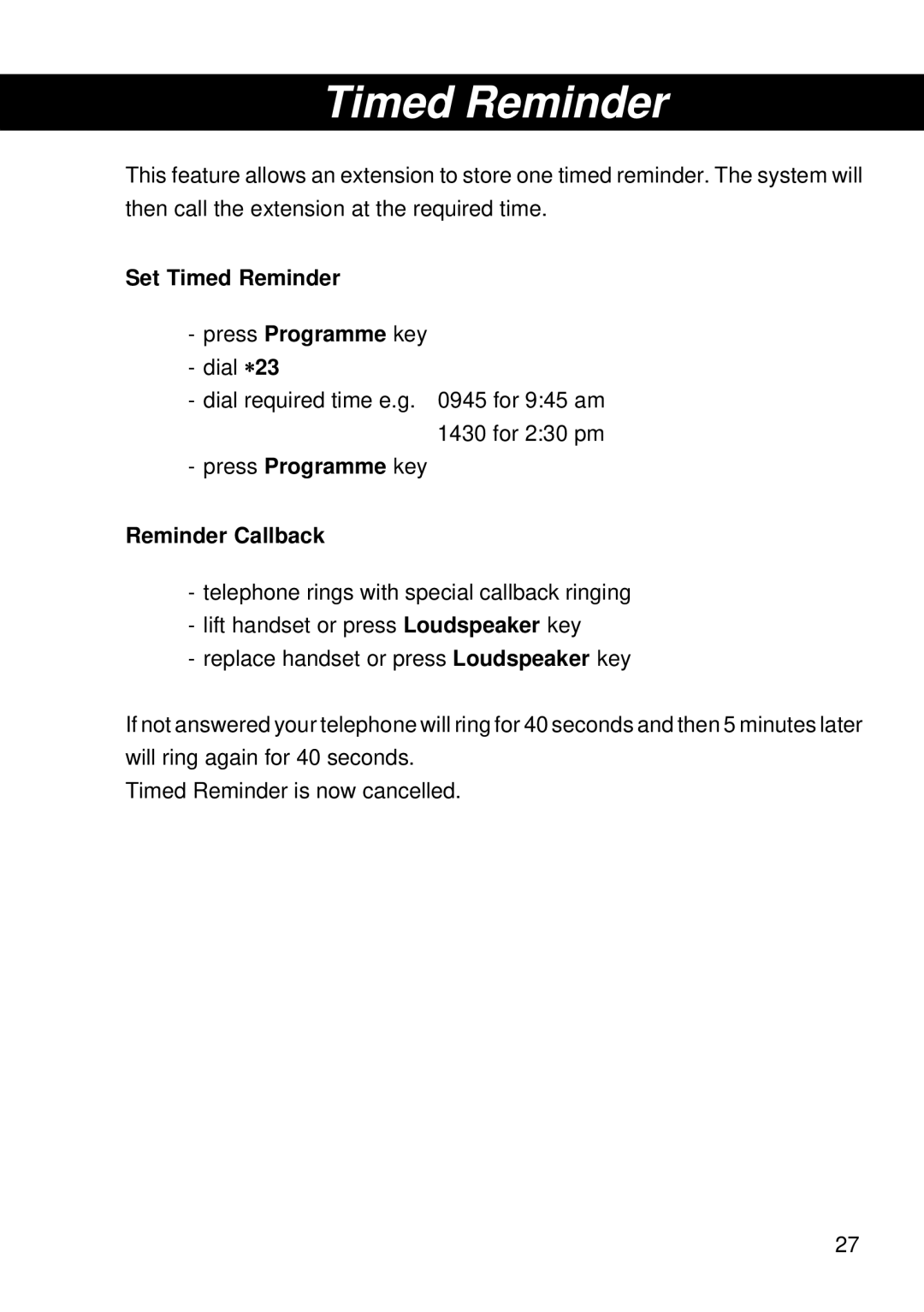 Siemens 300 operating instructions Set Timed Reminder Press Programme key, Press Programme key Reminder Callback 