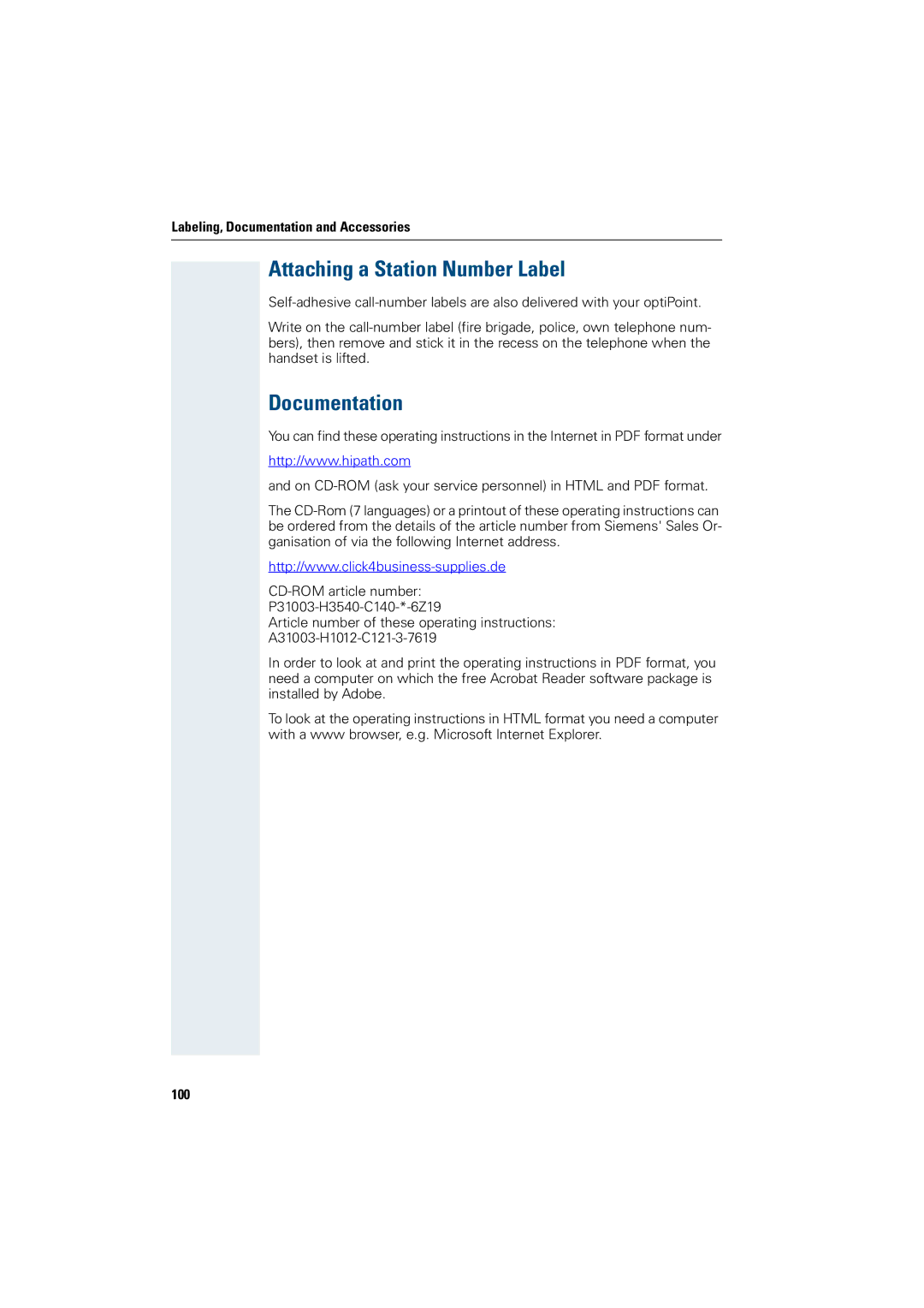 Siemens 500 advance, 3000, 500 standard, 500 basic, 500 economy, 5000 RSM manual Attaching a Station Number Label, Documentation 