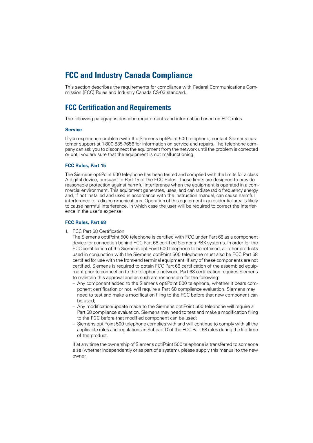 Siemens 5000 RSM, 3000 FCC and Industry Canada Compliance, FCC Certification and Requirements, Service, FCC Rules, Part 