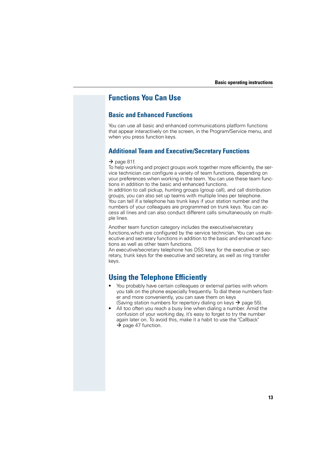 Siemens 500 standard, 3000, 500 basic Functions You Can Use, Using the Telephone Efficiently, Basic and Enhanced Functions 