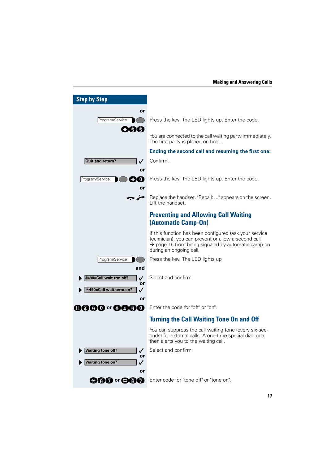 Siemens 5000 RSM, 3000 Preventing and Allowing Call Waiting Automatic Camp-On, Turning the Call Waiting Tone On and Off 