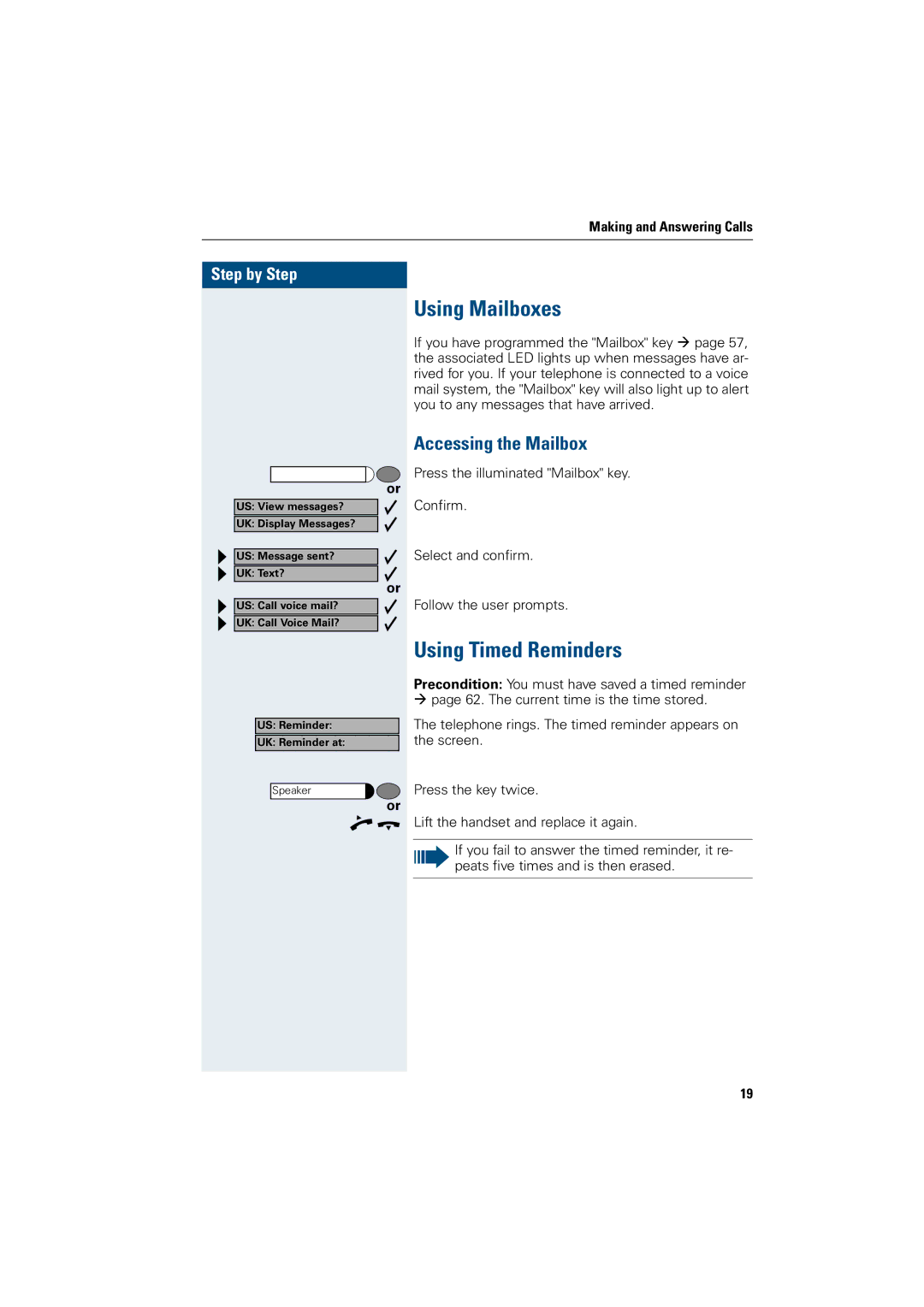 Siemens 500 standard, 3000, 500 basic, 500 economy, 500 advance Using Mailboxes, Using Timed Reminders, Accessing the Mailbox 