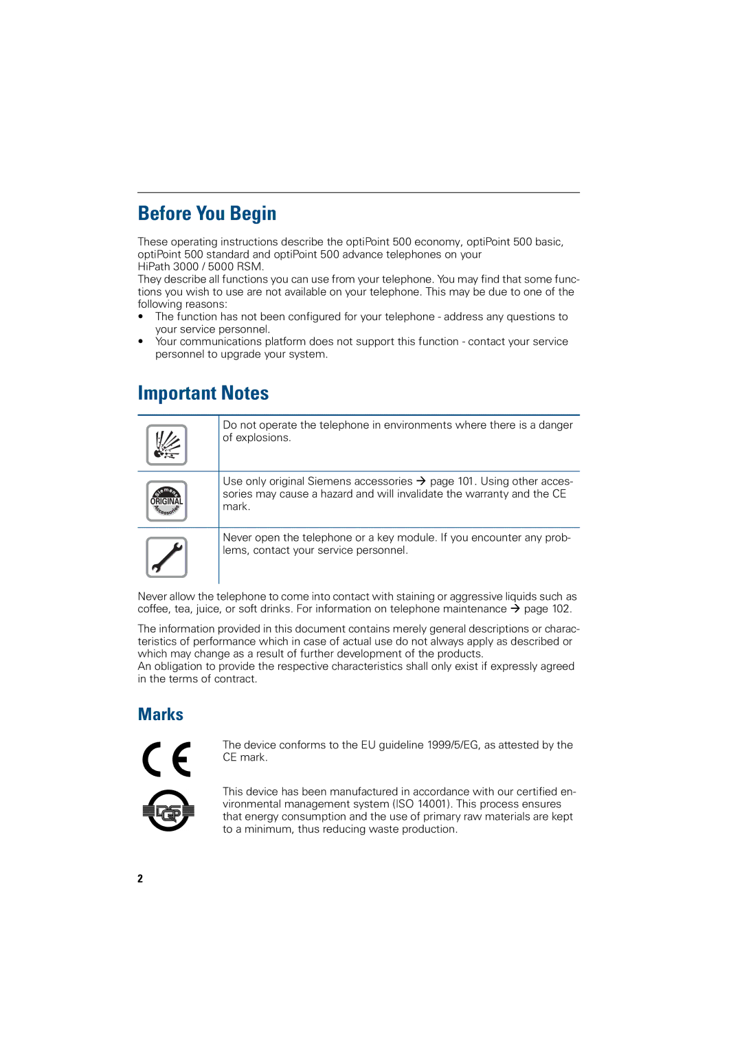 Siemens 500 basic, 3000, 500 standard, 500 economy, 500 advance, 5000 RSM manual Before You Begin, Important Notes, Marks 