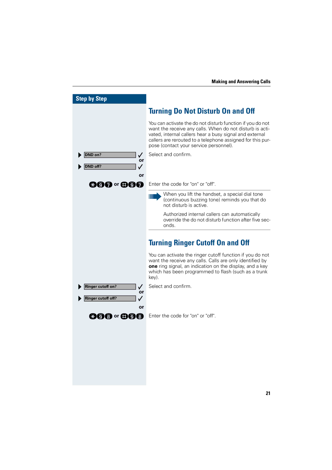 Siemens 500 economy, 3000, 500 standard, 500 basic manual Turning Do Not Disturb On and Off, Turning Ringer Cutoff On and Off 