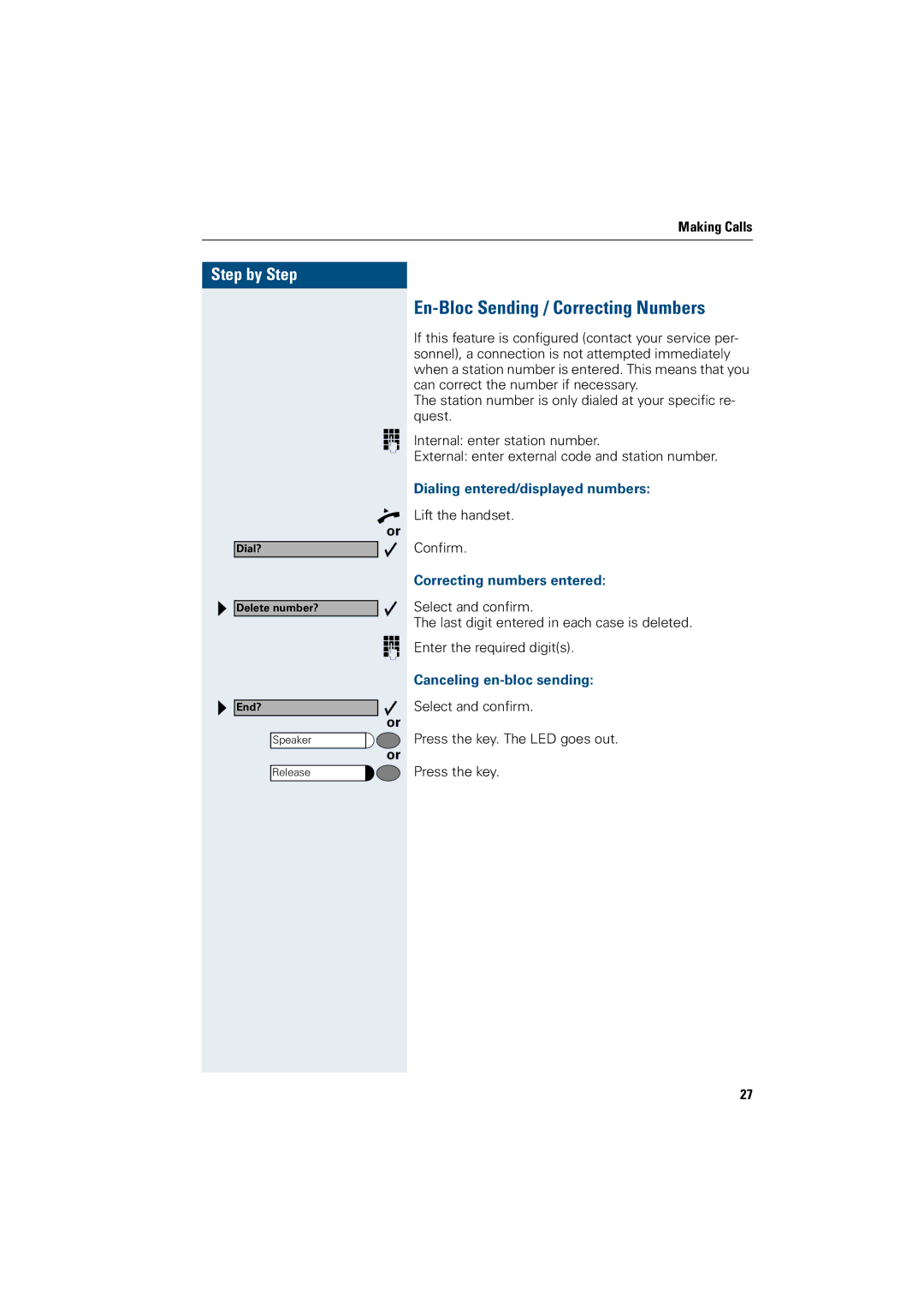 Siemens 500 economy En-Bloc Sending / Correcting Numbers, Dialing entered/displayed numbers, Correcting numbers entered 