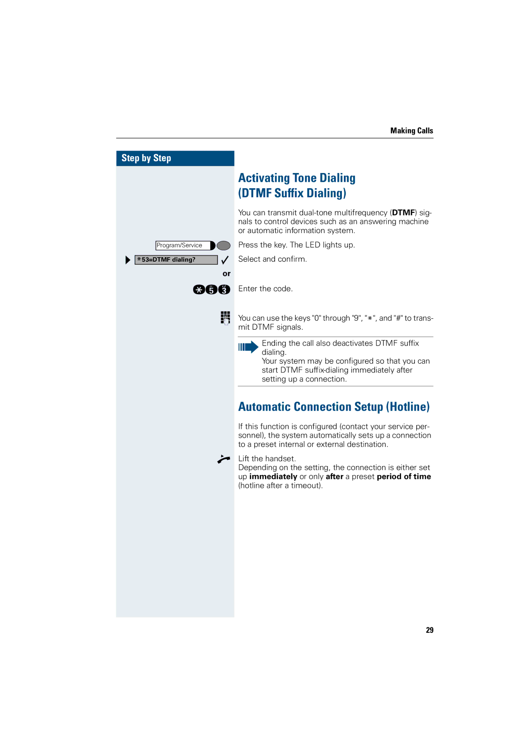 Siemens 5000 RSM, 3000, 500 standard manual Activating Tone Dialing Dtmf Suffix Dialing, Automatic Connection Setup Hotline 