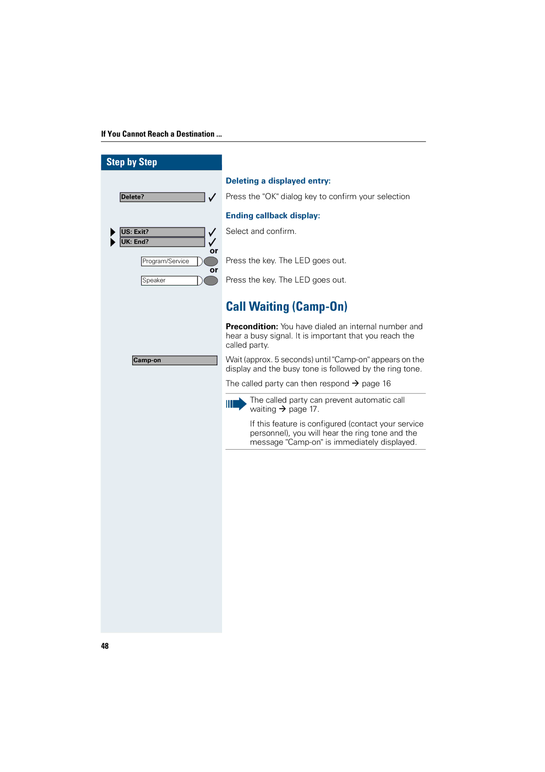 Siemens 3000, 500 standard, 500 basic, 500 economy Call Waiting Camp-On, Deleting a displayed entry, Ending callback display 