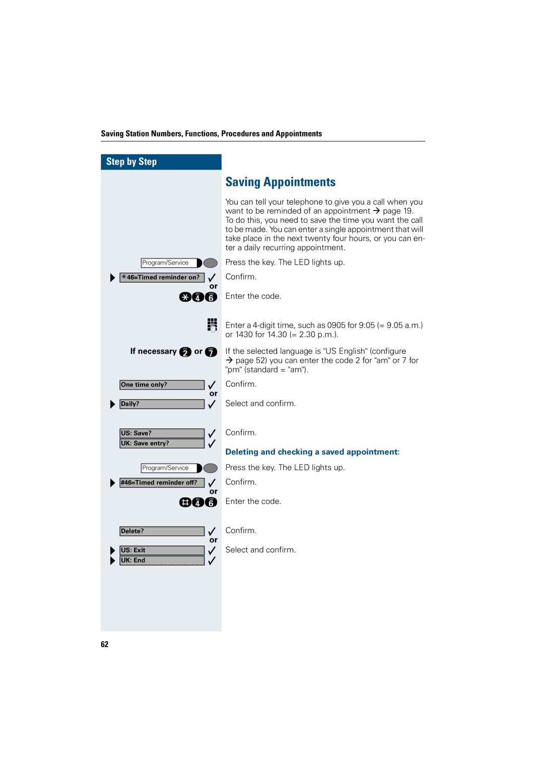 Siemens 500 basic, 3000, 500 standard, 500 economy, 5000 RSM Saving Appointments, Deleting and checking a saved appointment 