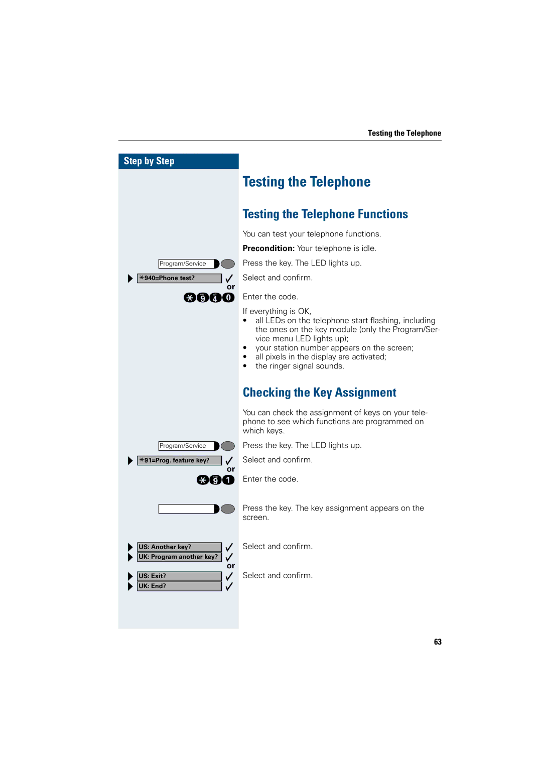 Siemens 500 economy, 3000, 500 standard, 500 basic, 5000 RSM Testing the Telephone Functions, Checking the Key Assignment 