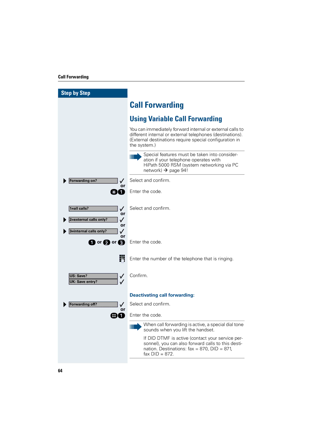 Siemens 500 advance, 3000, 500 standard, 500 basic, 5000 RSM Using Variable Call Forwarding, Deactivating call forwarding 