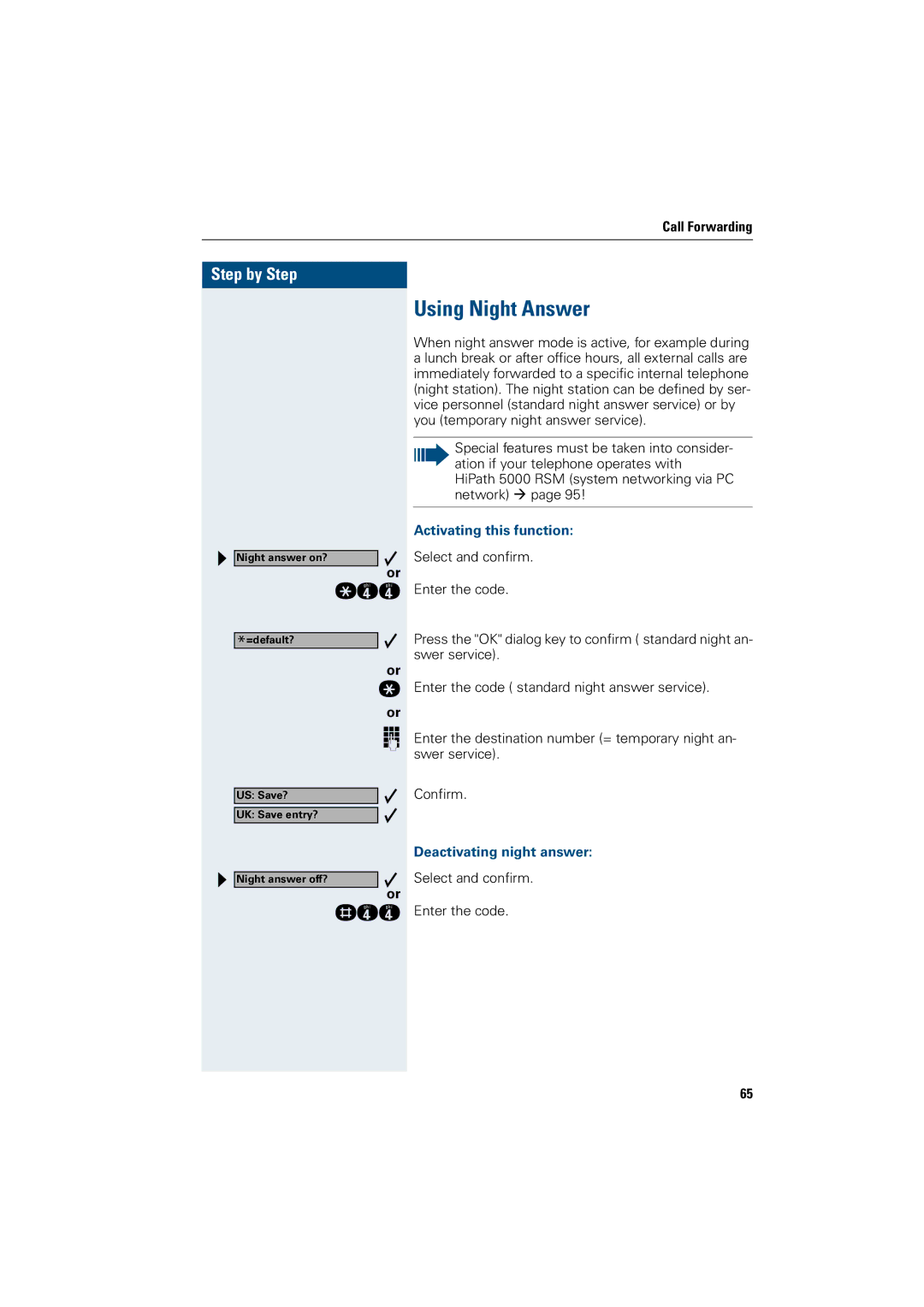 Siemens 5000 RSM, 3000, 500 standard, 500 basic manual Using Night Answer, Activating this function, Deactivating night answer 