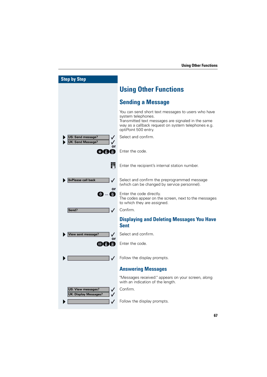 Siemens 500 standard, 3000 manual Using Other Functions, Sending a Message, Displaying and Deleting Messages You Have Sent 