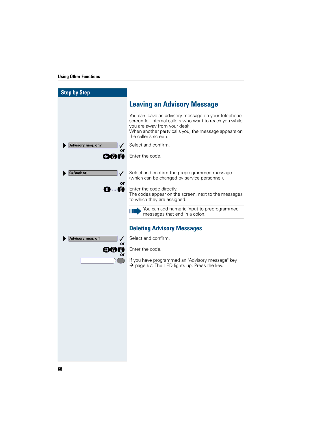 Siemens 500 basic, 3000, 500 standard, 500 economy, 500 advance manual Leaving an Advisory Message, Deleting Advisory Messages 