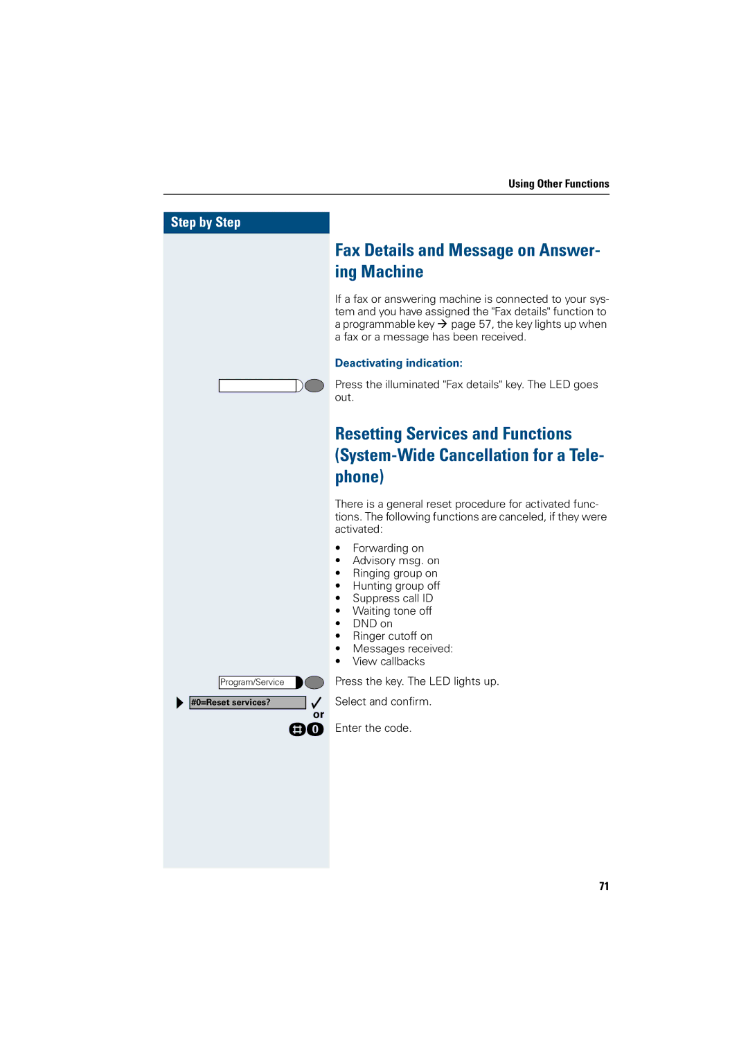 Siemens 5000 RSM, 3000, 500 standard, 500 basic manual Fax Details and Message on Answer- ing Machine, Deactivating indication 