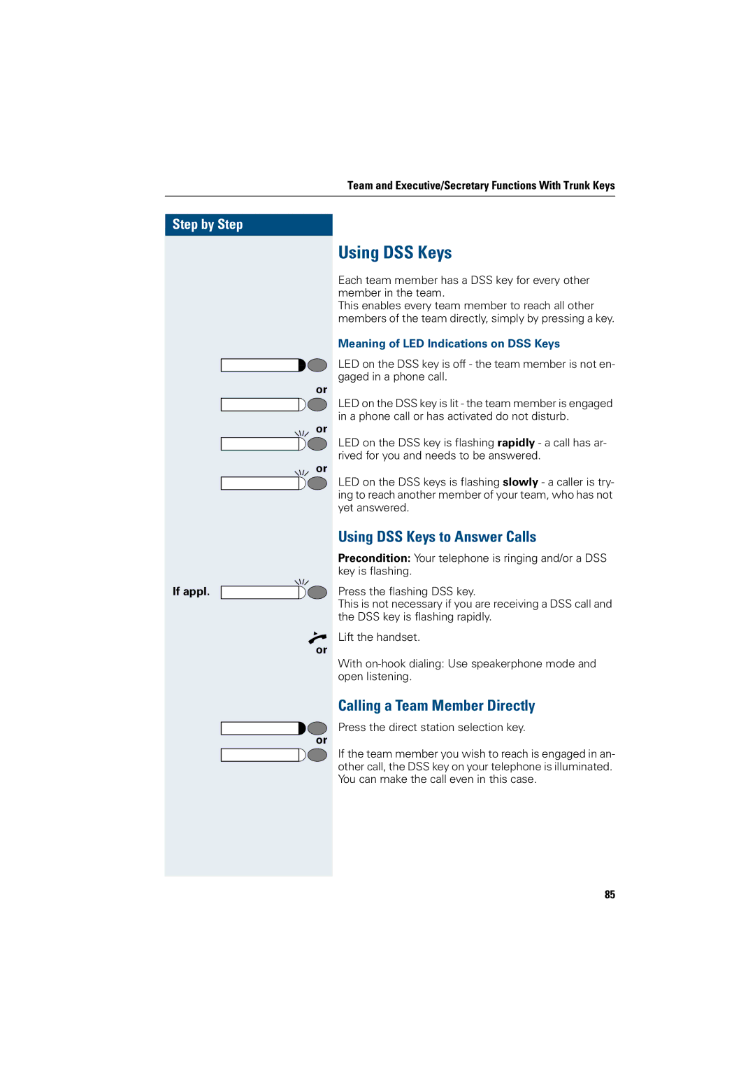 Siemens 500 standard, 3000, 500 basic, 500 economy manual Using DSS Keys to Answer Calls, Calling a Team Member Directly 