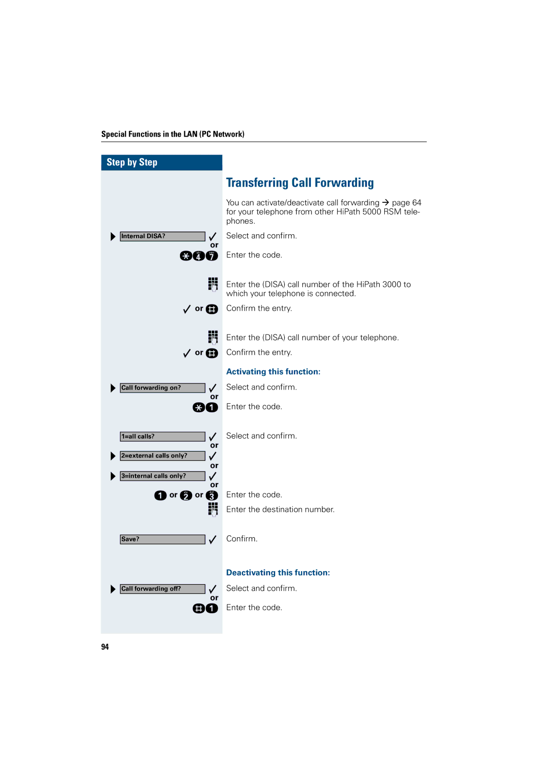 Siemens 500 advance, 3000, 500 standard, 500 basic, 500 economy manual Transferring Call Forwarding, Activating this function 