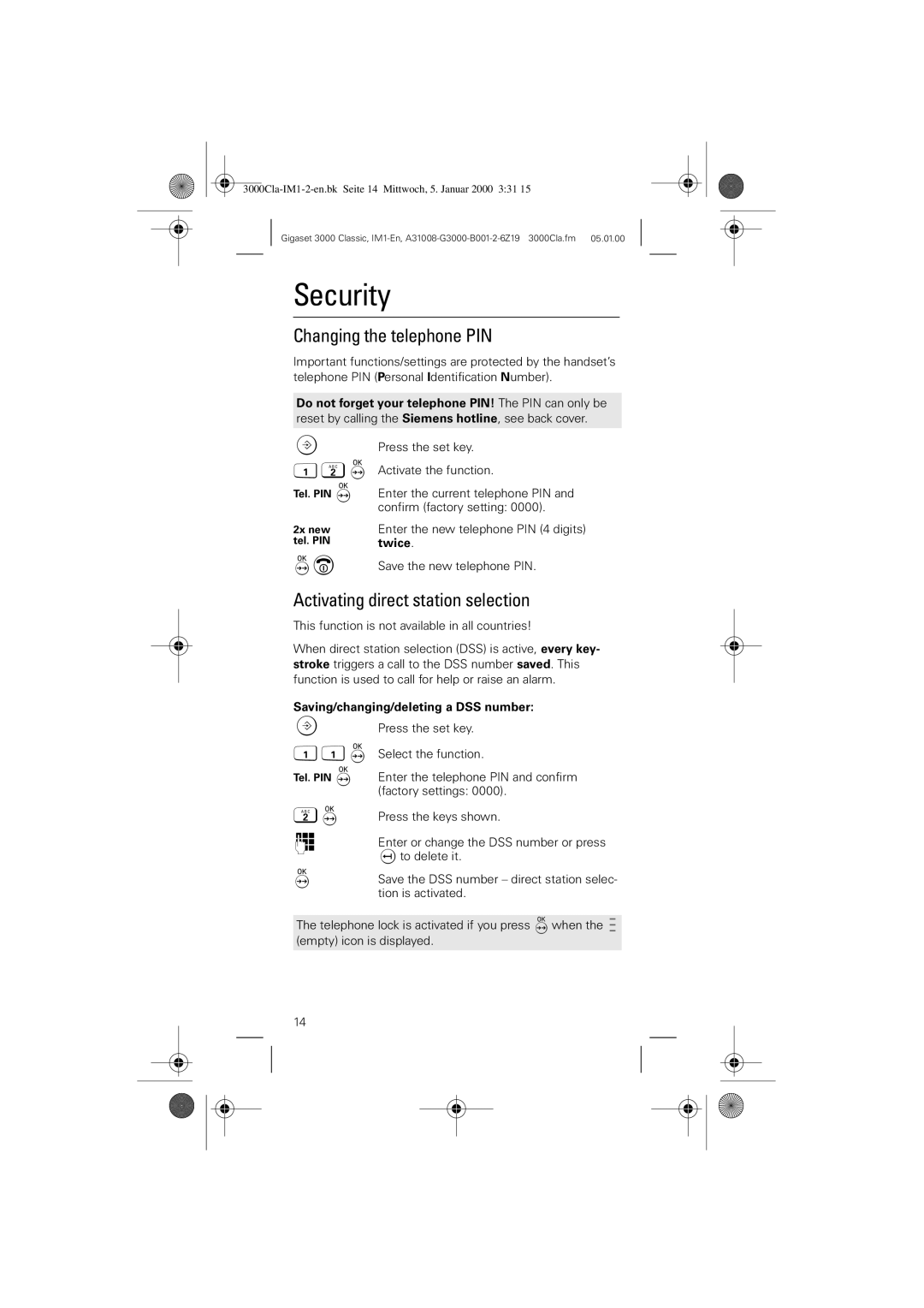 Siemens 3000 Classic operating instructions Security, Changing the telephone PIN, Activating direct station selection 