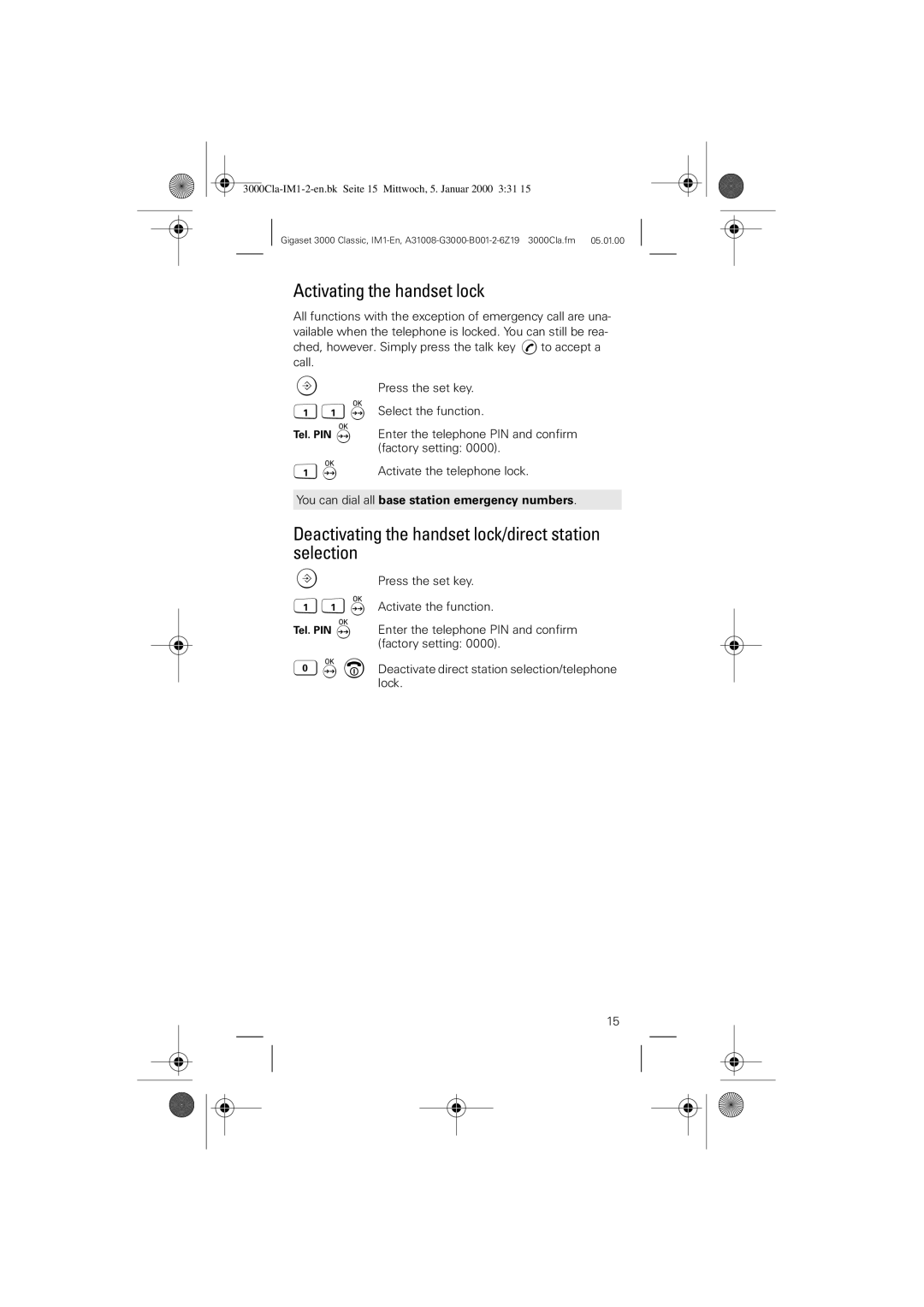 Siemens 3000 Classic Activating the handset lock, Deactivating the handset lock/direct station selection 