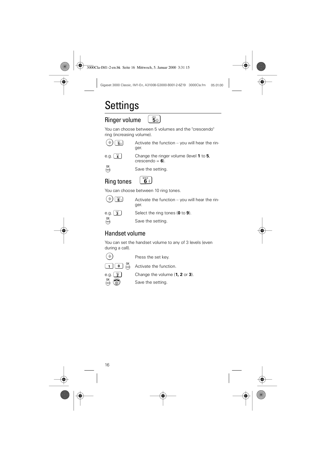 Siemens 3000 Classic operating instructions Settings, Ringer volume, Ring tones †, Handset volume 