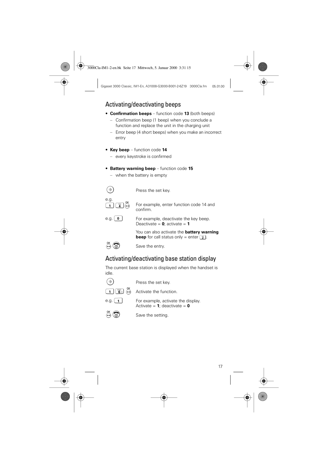 Siemens 3000 Classic operating instructions Activating/deactivating beeps, Activating/deactivating base station display 