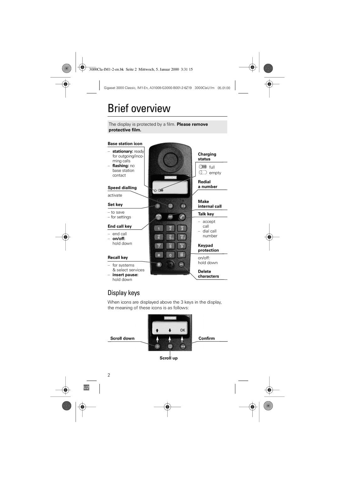 Siemens 3000 Classic operating instructions Brief overview, Display keys 