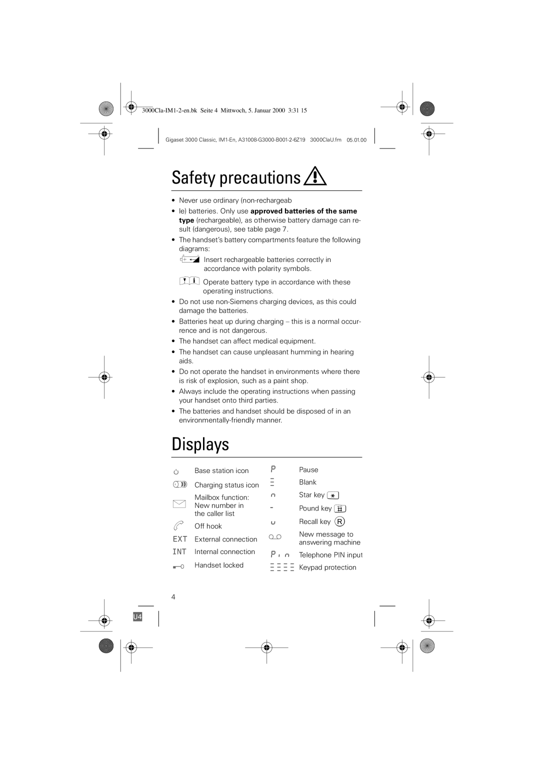 Siemens 3000 Classic operating instructions Safety precautions, Displays 