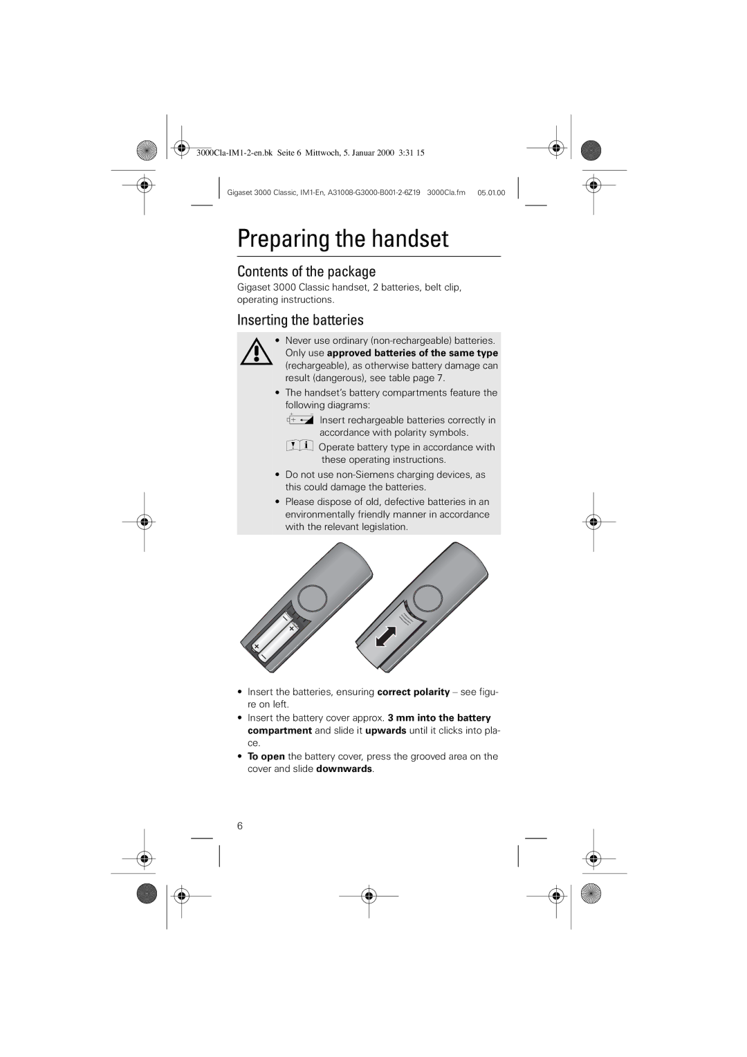 Siemens 3000 Classic operating instructions Preparing the handset, Contents of the package, Inserting the batteries 