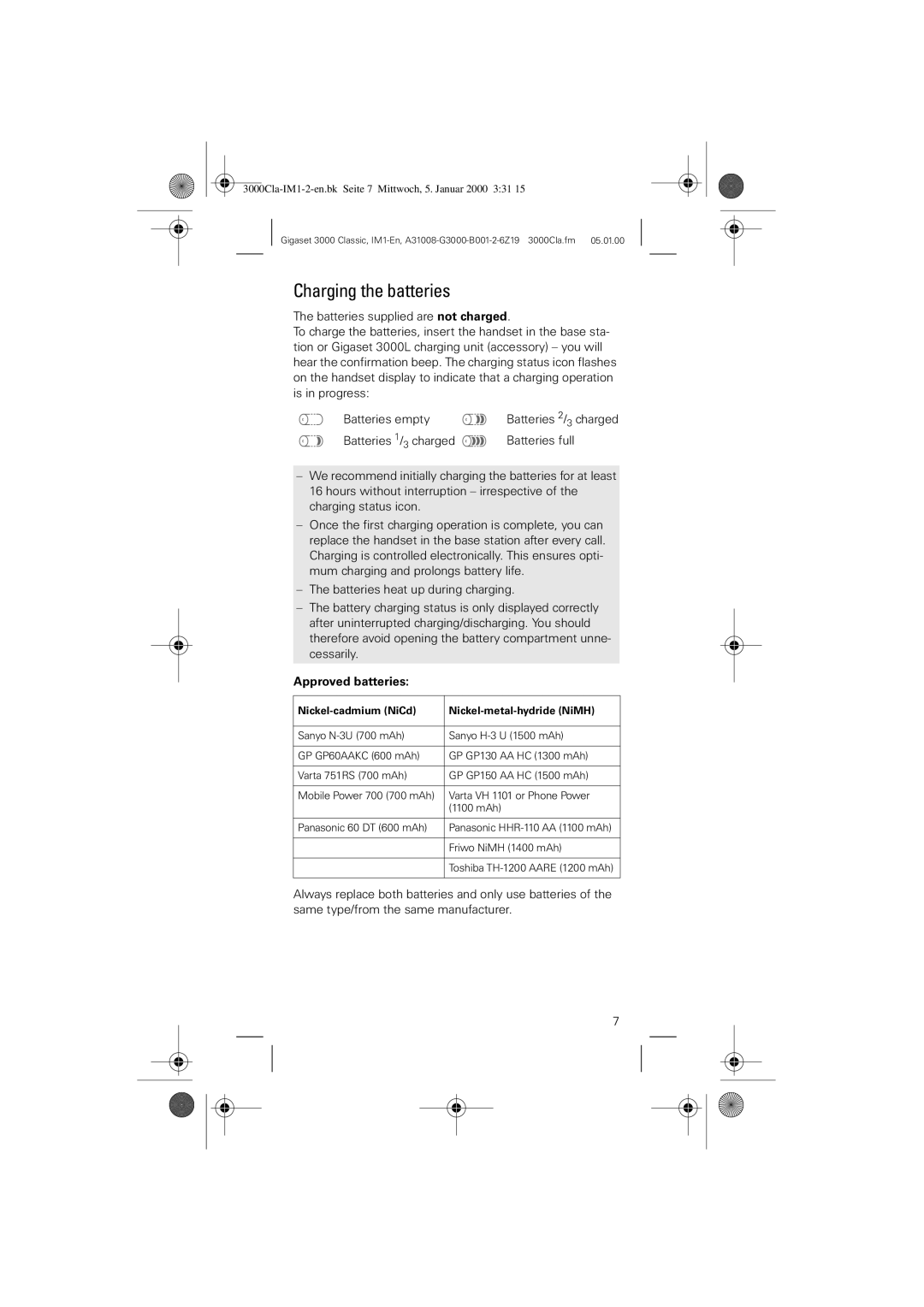 Siemens 3000 Classic operating instructions Charging the batteries, Approved batteries 