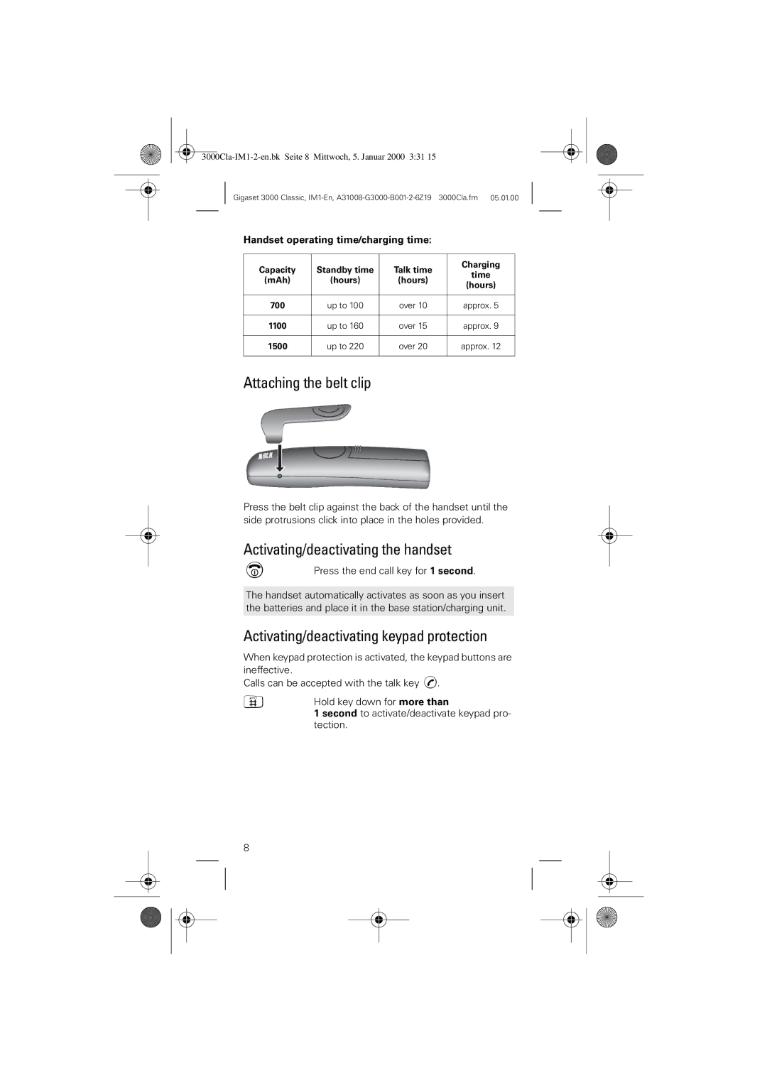 Siemens 3000 Classic Attaching the belt clip, Activating/deactivating the handset, Handset operating time/charging time 