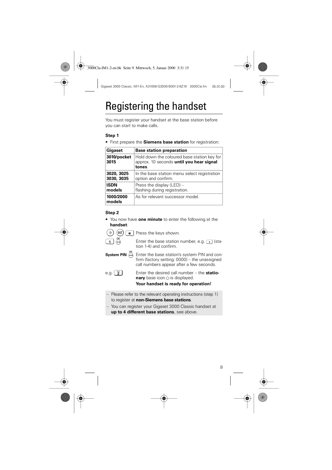 Siemens 3000 Classic operating instructions Registering the handset 